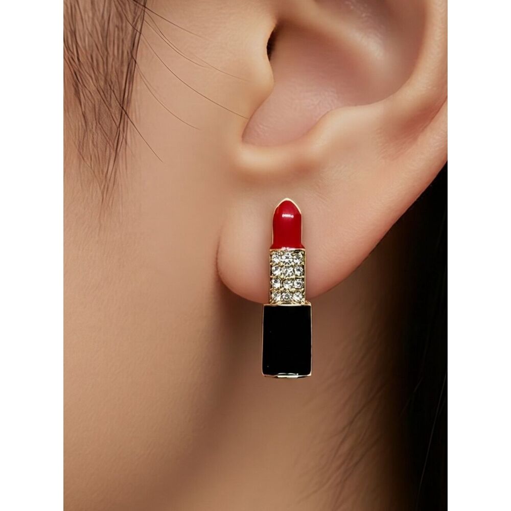 Red Lipstick Earrings Rhinestone Sparkly Women's Jewelry 18K Gold Plated Enamel